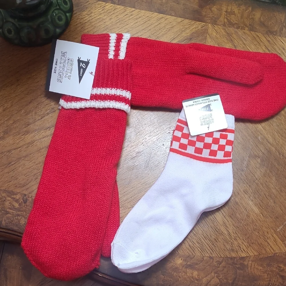 New with tags! Red and White Warm Mittens with Matching Socks Set